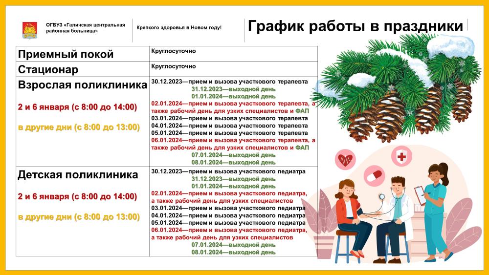 Ознакомьтесь с графиком работы ОГБУЗ "Галичской центральной районной больницы" с 30 декабря 2023 по 08 января 2024